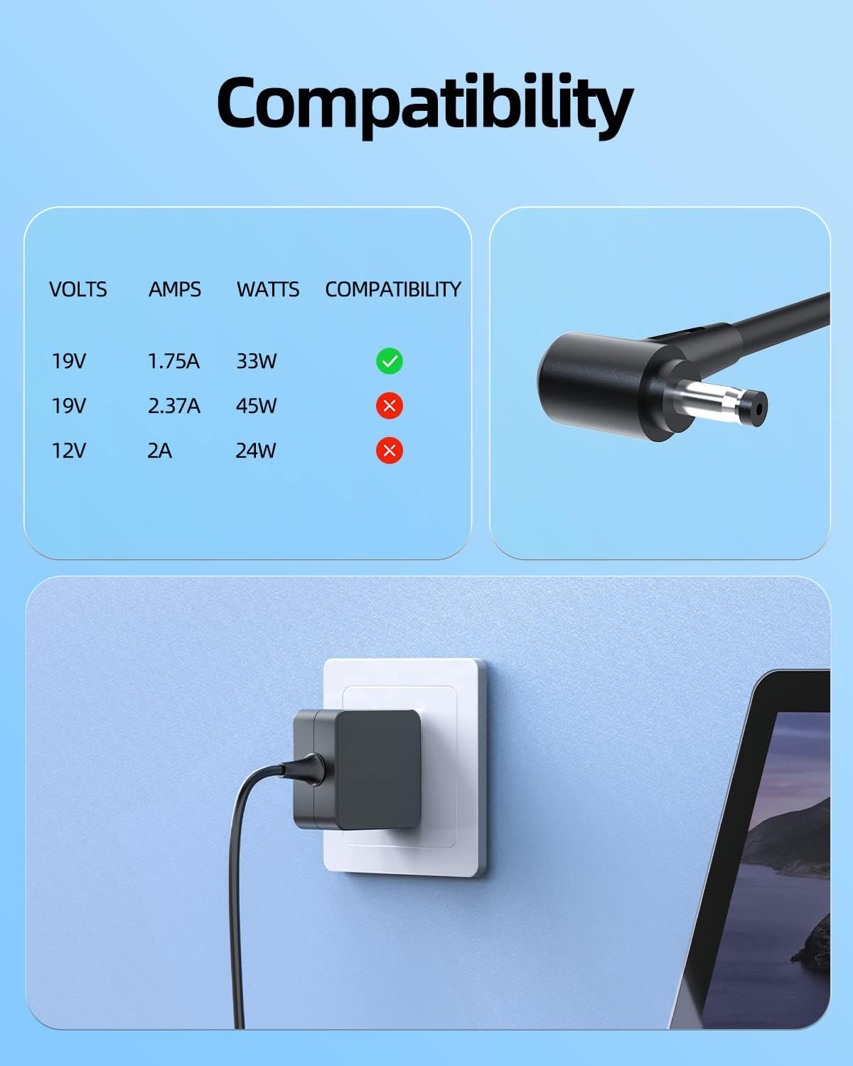 Cargador de CA de 33 W con certificación UL para Asus Vivobook L210 L210M L210MA L410 L410M L410MA L410N L210MA-DB01 L410MA-DB02 Cable adaptador de