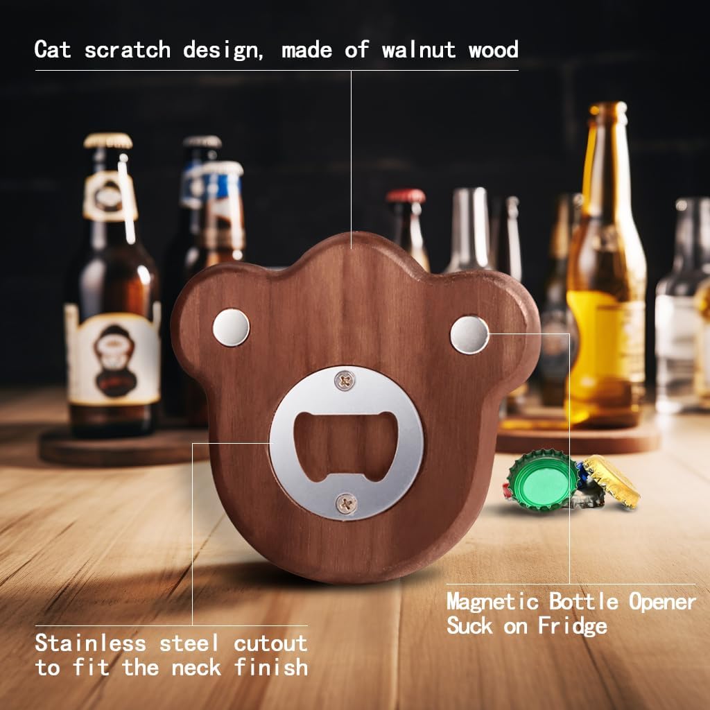 Abrebotellas de madera para cerveza, abridor magnético de botellas de madera para chupar en el refrigerador, diseño de pata de gato, lindo