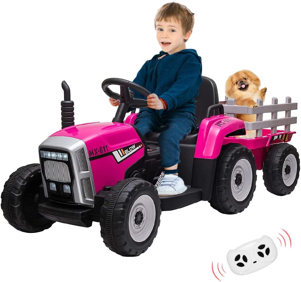 Tractor de 12 V con remolque y control remoto, vehículo eléctrico para niños pequeños con faros LED, cambio de marchas 2+1, reproductor de MP3, USB,
