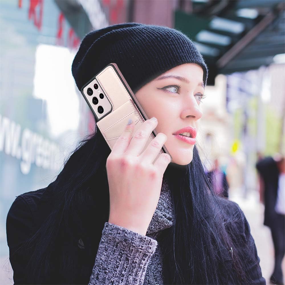 LakiBeibi Funda para Samsung Galaxy S21 Ultra, funda para teléfono S21 Ultra, funda de piel ligera de doble capa con tarjeteros, funda protectora