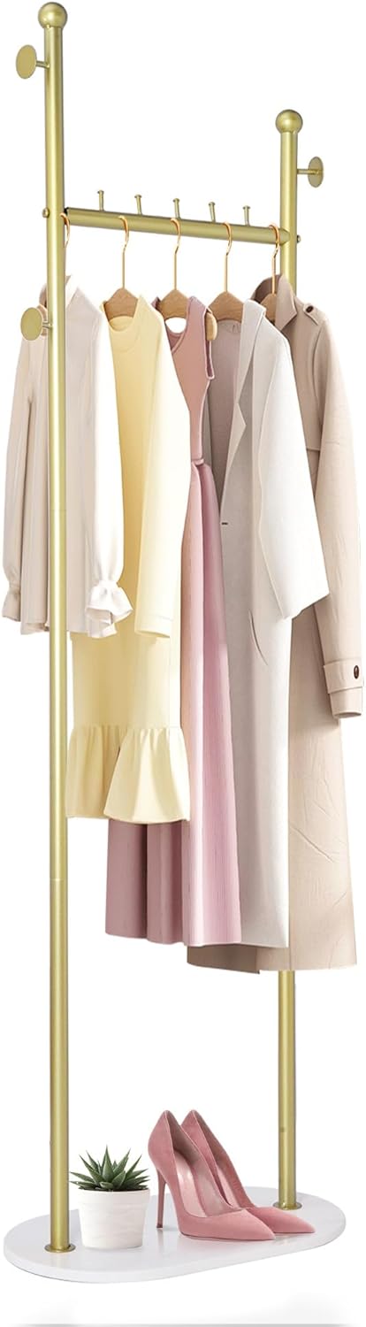 uyoyous Percheros dorados con base de madera, estantes de ropa dorados con estante para boutique, dormitorio, entrada, pasillo