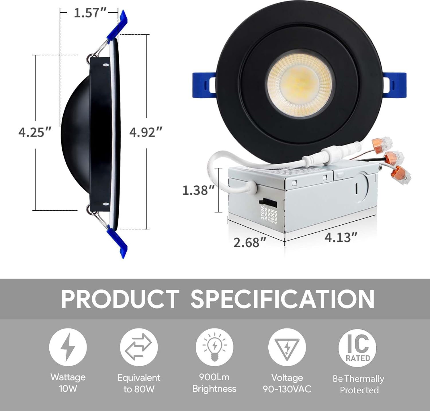 Adetu Luz empotrable LED negra cardán de 4 pulgadas, iluminación empotrable direccional ajustable de 360+90, 2700K3000K3500K4000K5000K con Jbox, ETL