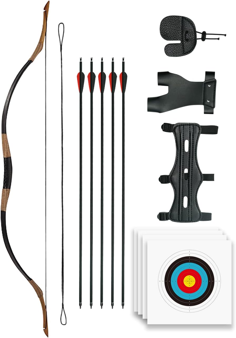 Juego de arco recurvo tradicional para adultos, juego de arco y flecha de caza para principiantes con 5 flechas de carbono para práctica