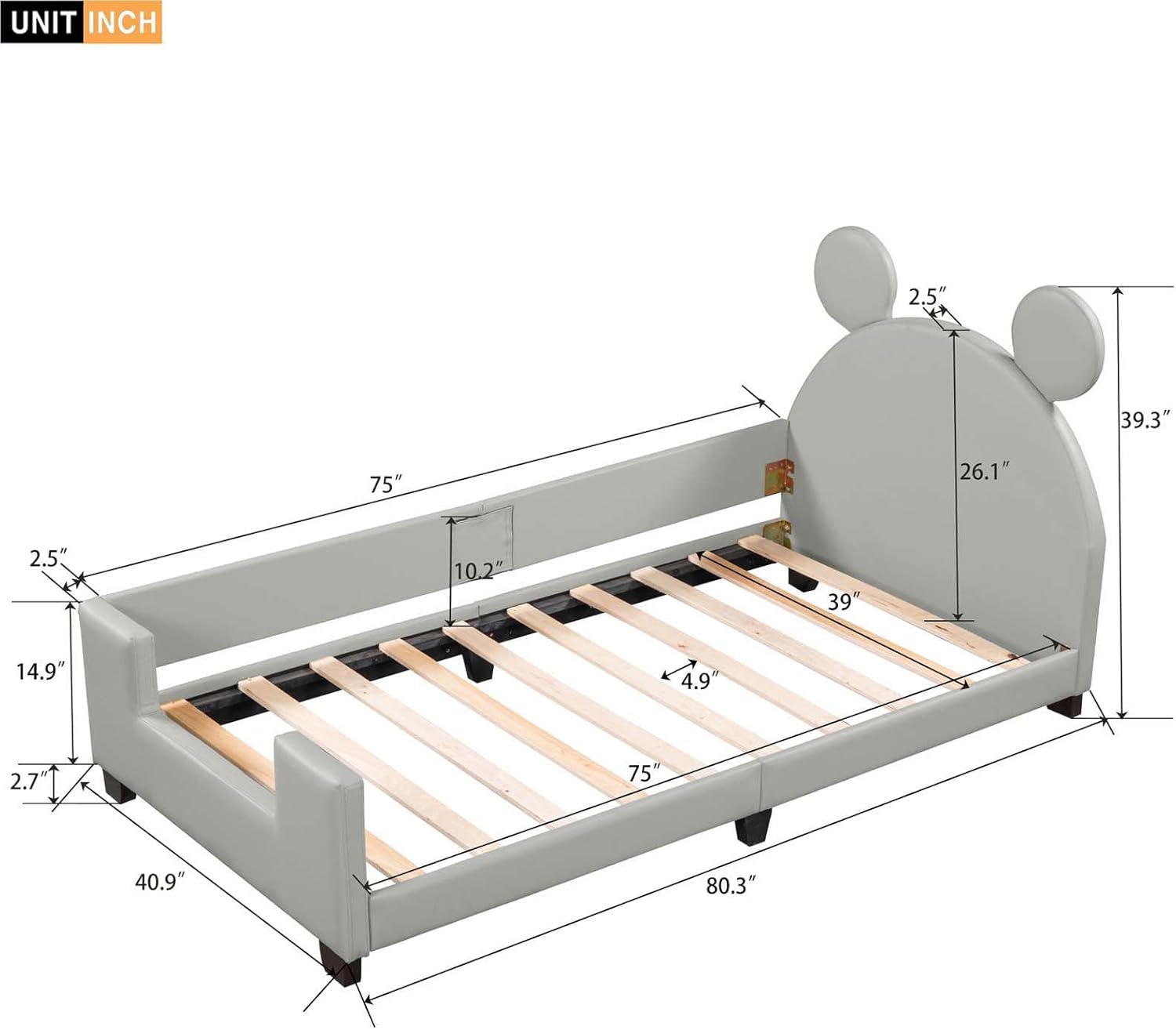 Altillo Cama de plataforma tapizada de cuero de tamaño individual con cabecero de orejas, bonito marco de cama con orejas decorativas para