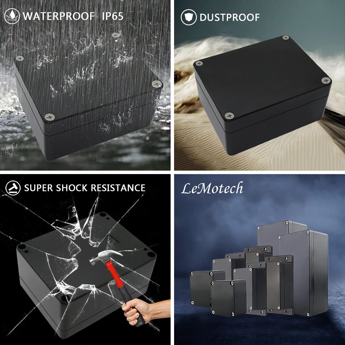 LeMotech Project Box – Caja de conexiones eléctricas de plástico ABS IP65, impermeable, a prueba de polvo, para electrónica, color negro, 4.5 x 3.5