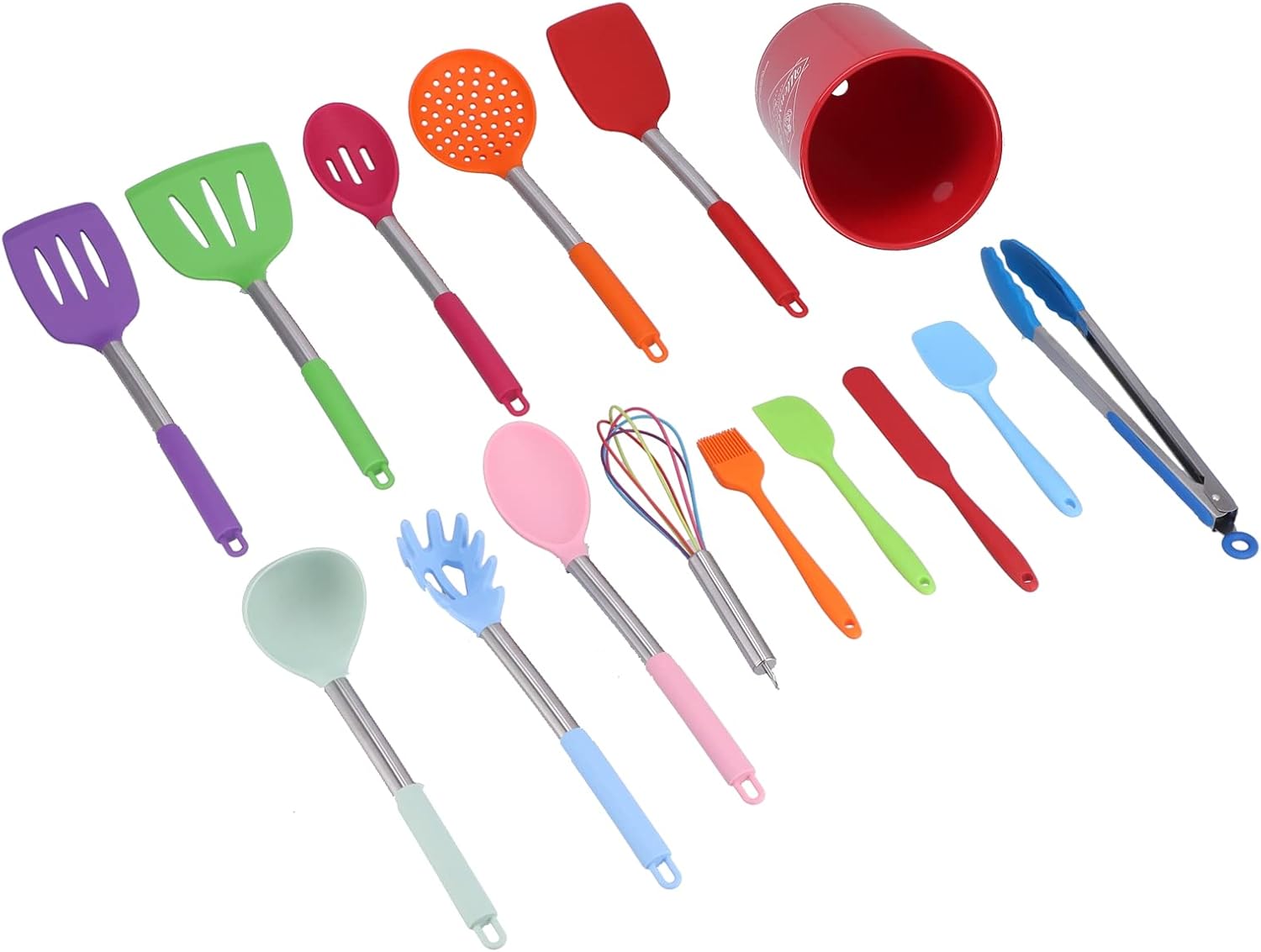 Juego de utensilios de cocina de silicona de 15 piezas con mango de acero inoxidable resistente al calor con soporte para cocinar utensilios de