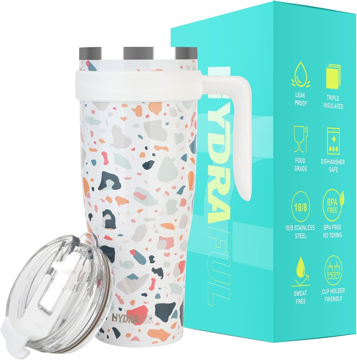Vaso aislado de 50 onzas con asa y tapa de pajilla, 100% a prueba de fugas, taza de viaje apta para portavasos – Vaso aislado de acero inoxidable