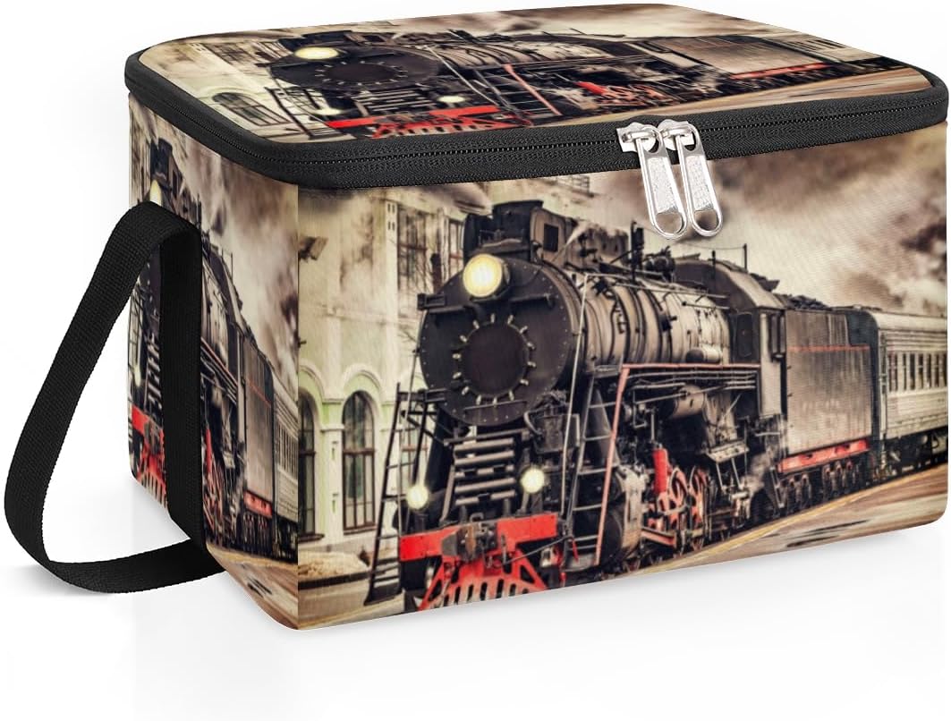 Bolsa de almuerzo vintage de tren de vapor, aislada, reutilizable, grande, con hombro ajustable y cremallera, bolsa de lona para oficina, trabajo,