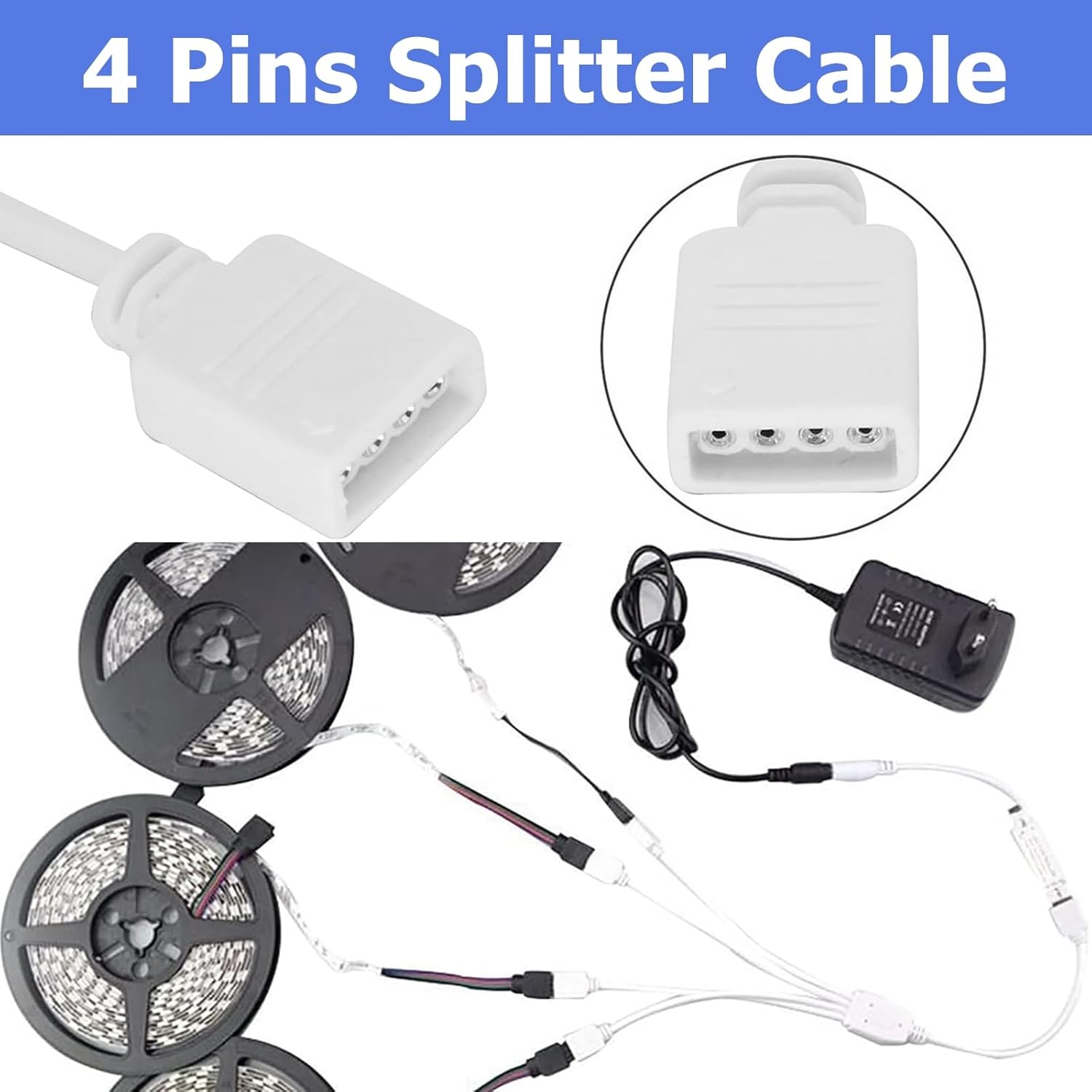 KUANVE Kit de conector de tira de luz LED de 4 pines, cable de extensión RGB, cable divisor de 4 vías, conectores sin soldadura de 0.394 pulgadas y