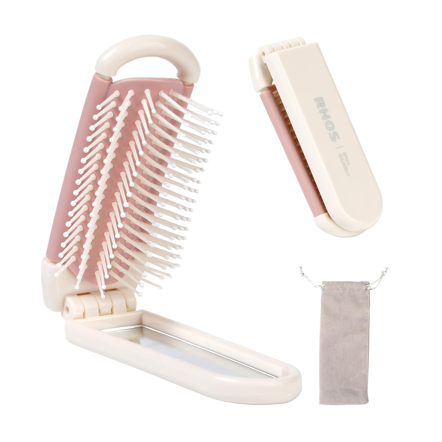 RHOS Cepillo plegable con espejo para mujeres y niñas, mini cepillo portátil para el cabello, cepillo de pelo de bolsillo pequeño con cerdas de