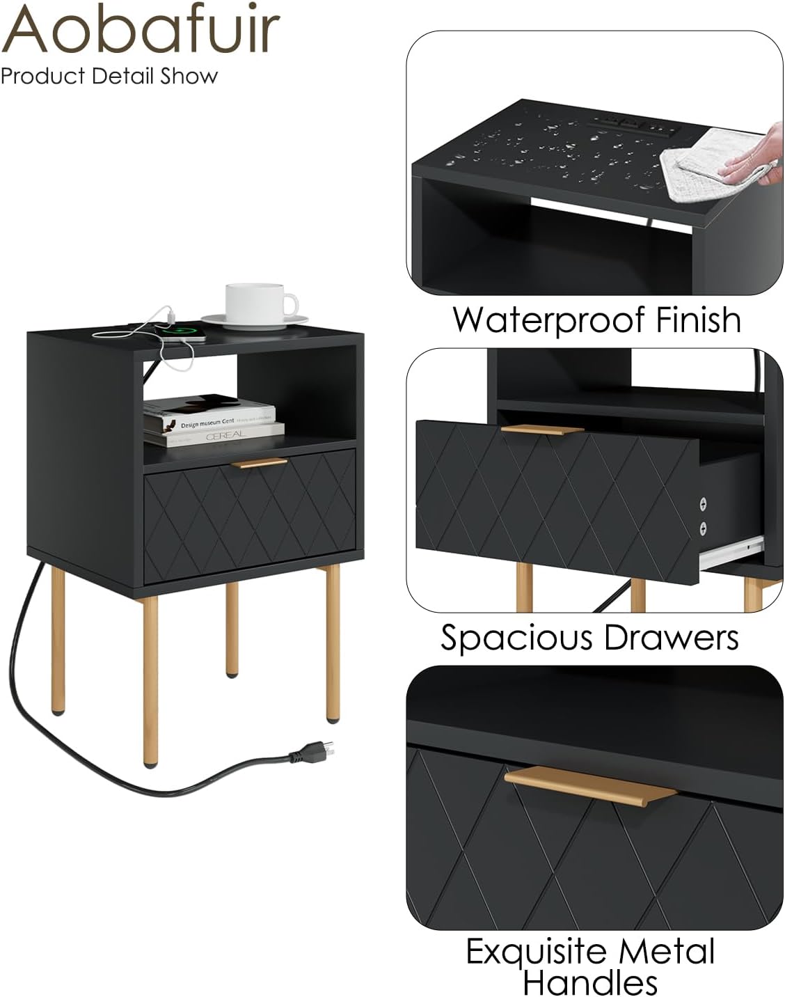 Aobafuir Mesita de noche con estación de carga, cómoda con cajón para dormitorio, mesa auxiliar pequeña con cajón, mesita de noche, mesa auxiliar