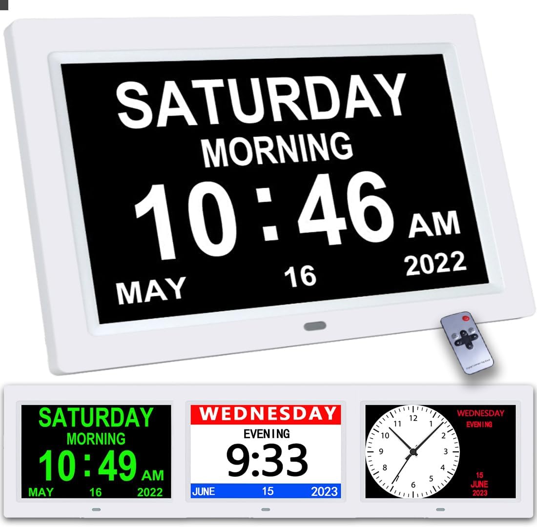 Reloj digital blanco de 9 pulgadas con 3 pantallas, regulable automático, hora de 1224 horas, fecha, semana, mes, año, 12 alarmas, 3 recordatorios,