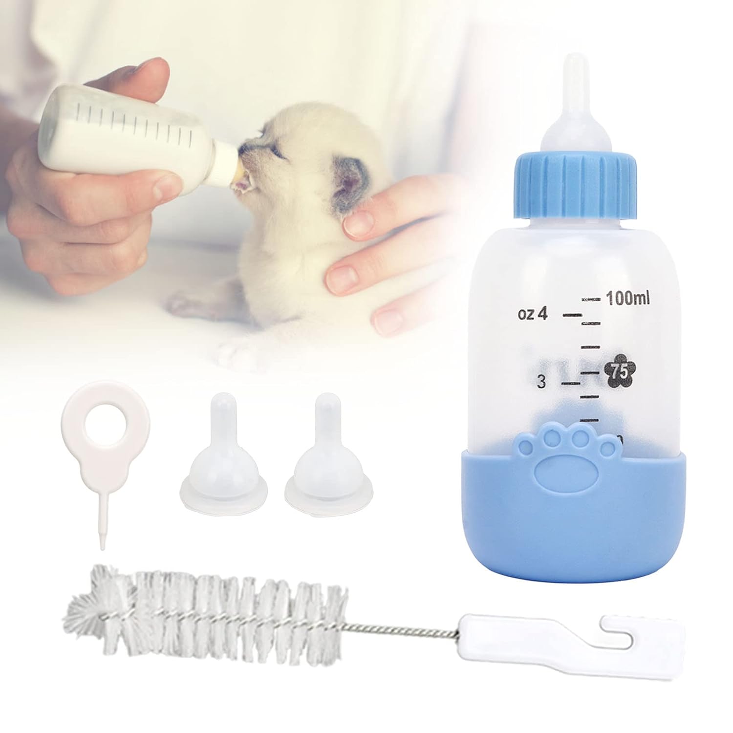 Botella de leche para mascotas, botella de lactancia de silicona transparente universal con 3 pezones para cachorros (azul)