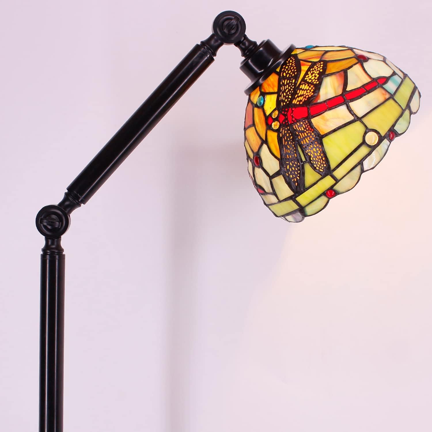 Torchiere Tiffany – Lámpara de pie estilo libélula de colores, lámpara de arco de ángulo de brazo giratorio, lámpara de lectura ajustable de cuello