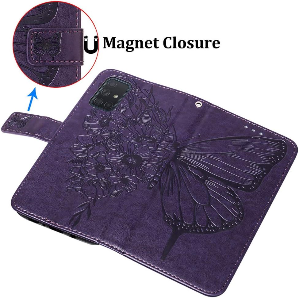 Funda A51 para Samsung A51, función atril, correa de muñeca, ranuras para tarjetero, diseño floral de mariposa en relieve, funda protectora de piel