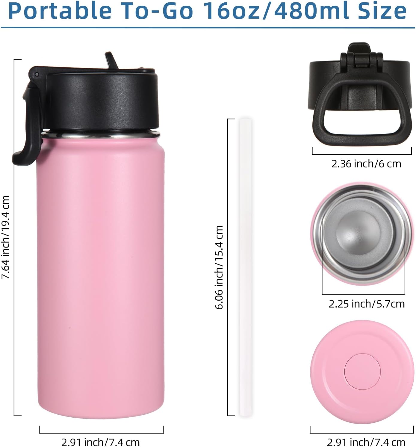 Volhoply Botella de agua aislada para niños con popote, botellas de agua fría de acero inoxidable de 16 onzas para la escuela, vasos de boca ancha
