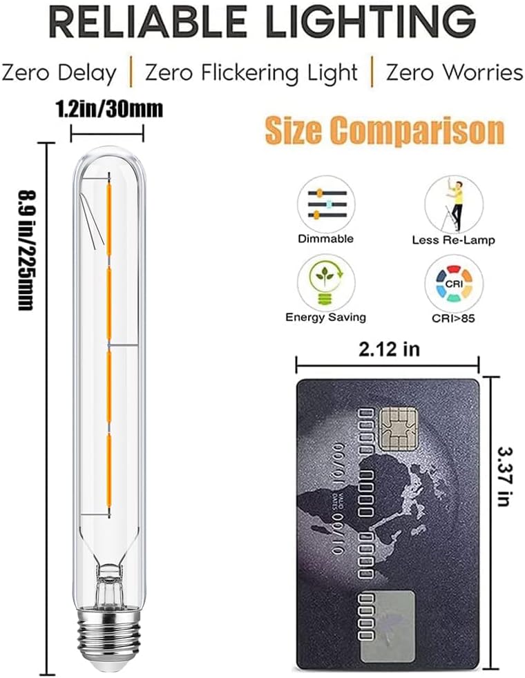 Bombillas LED largas T10, bombilla tubular regulable de 4 W, equivalente a 40 vatios, bombilla de filamento LED vintage estilo Edison E26, 3000 K,