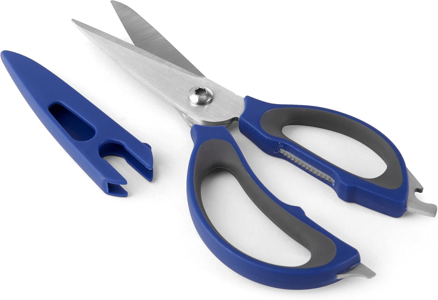 Copco Tijeras de cocina 4 en 1 de acero inoxidable de agarre suave con cubierta de cuchilla, 10.83 pulgadas, azul rey y gris