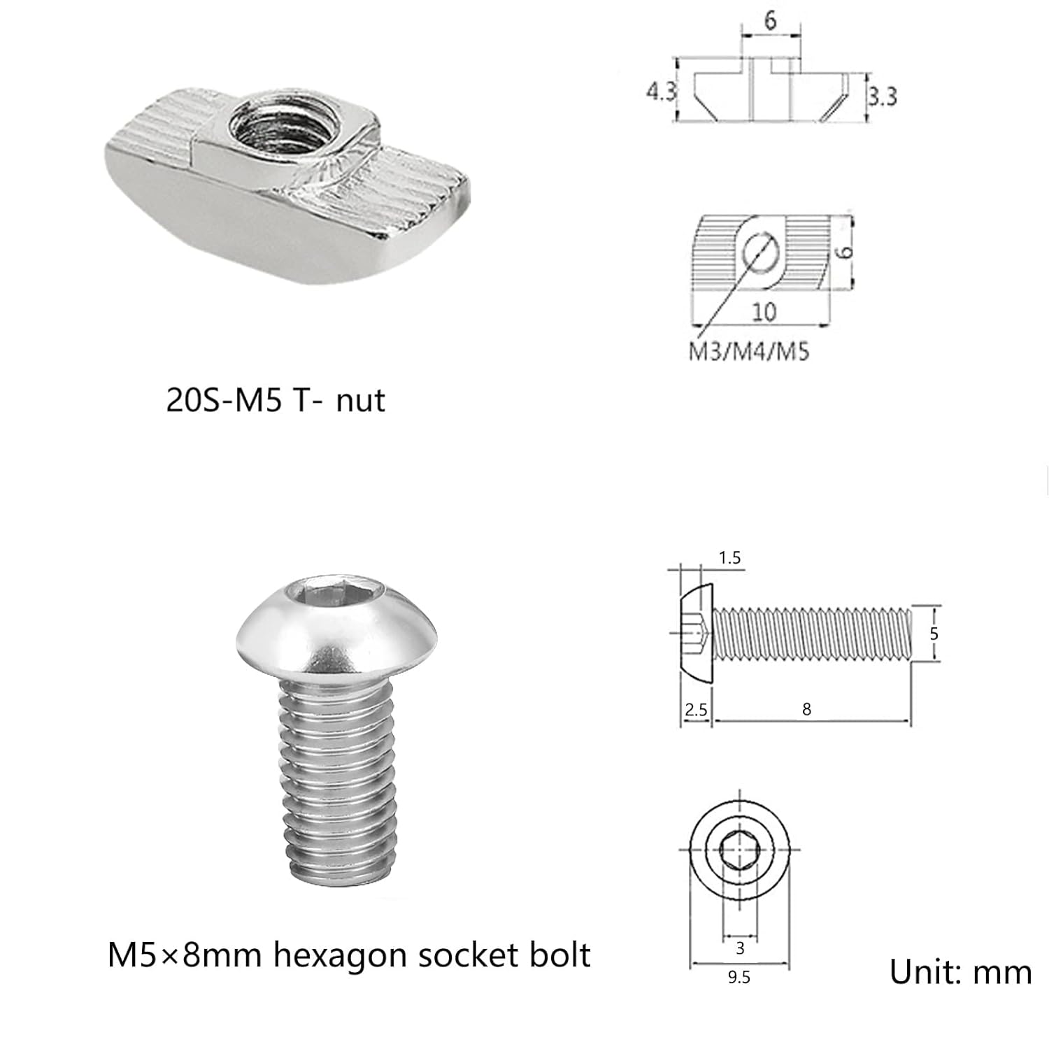 Kits de tuercas y tornillos de ranura en T para perfil de extrusión de aluminio de la serie 2020, kit de tuercas de tornillo de ranura de 0.236 in,