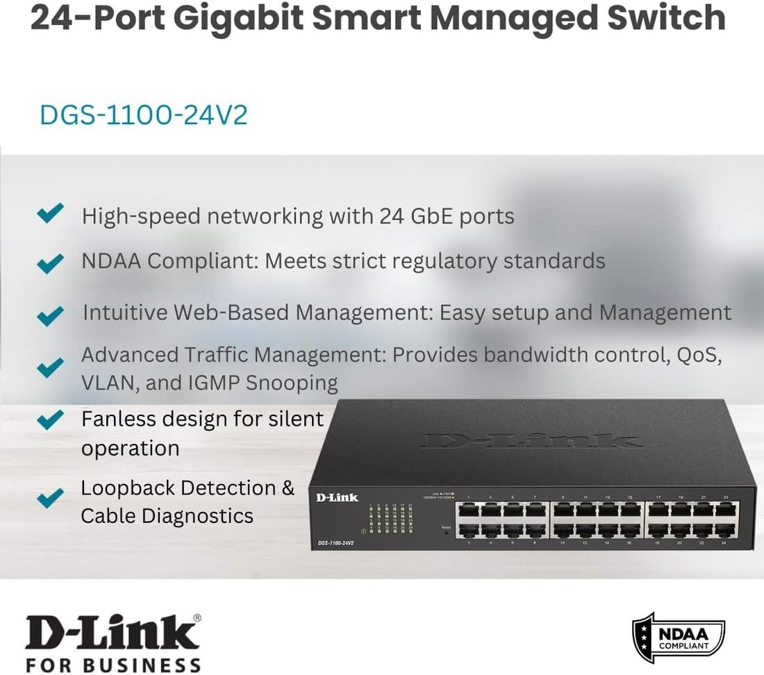 D-Link Conmutador Ethernet, 24 puertos Gigabit Easy Smart Managed Network Internet Desktop o Rack Mount (DGS-1100-24V2), negro