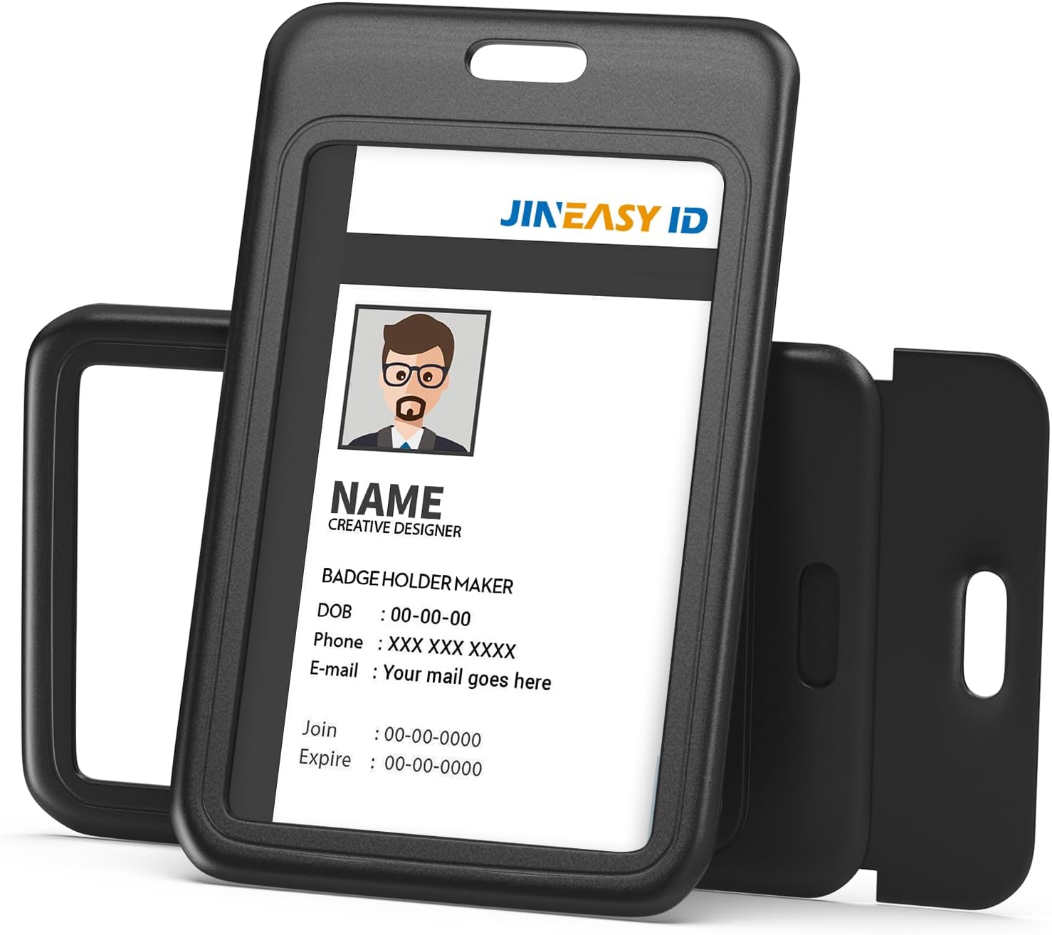 JINEASY ID Paquete de 3 portatarjetas verticales de plástico duro para tarjetas de identificación de trabajo, resistente, color negro