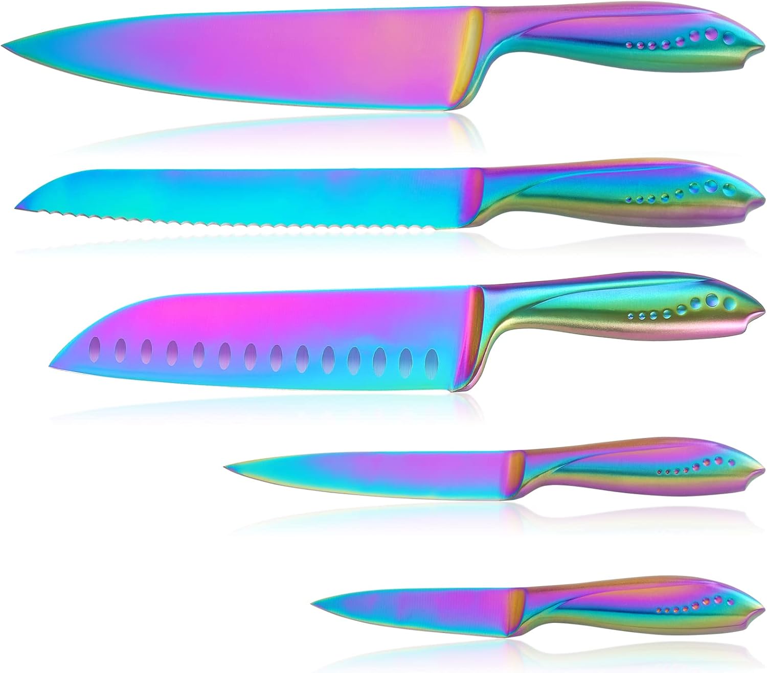 Hollory Rainbow – Juego de cuchillos de cocina de 5 piezas, hoja de acero inoxidable alemán súper afilada con chef de 8 pulgadas, pan de 8 pulgadas,