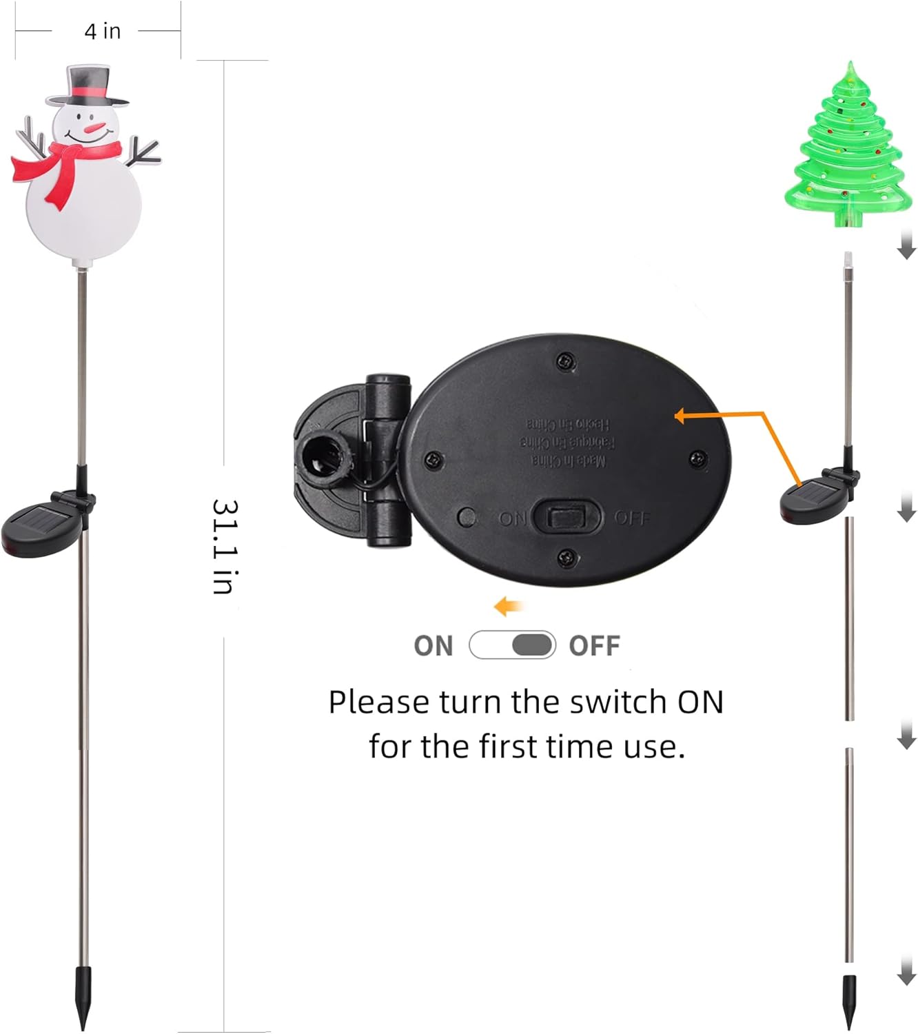 Glintoper Paquete de 4 luces solares de Navidad para exteriores, Papá Noel, muñeco de nieve, árbol de Navidad y reno con estacas de jardín,