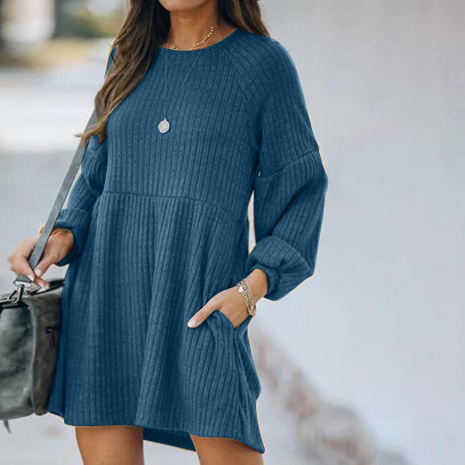 Women’s Long Sleeve Crewneck Dresses Solid Color Ribbed Casual Knit Sweater Dress Winter Loose Swing Midi Dress