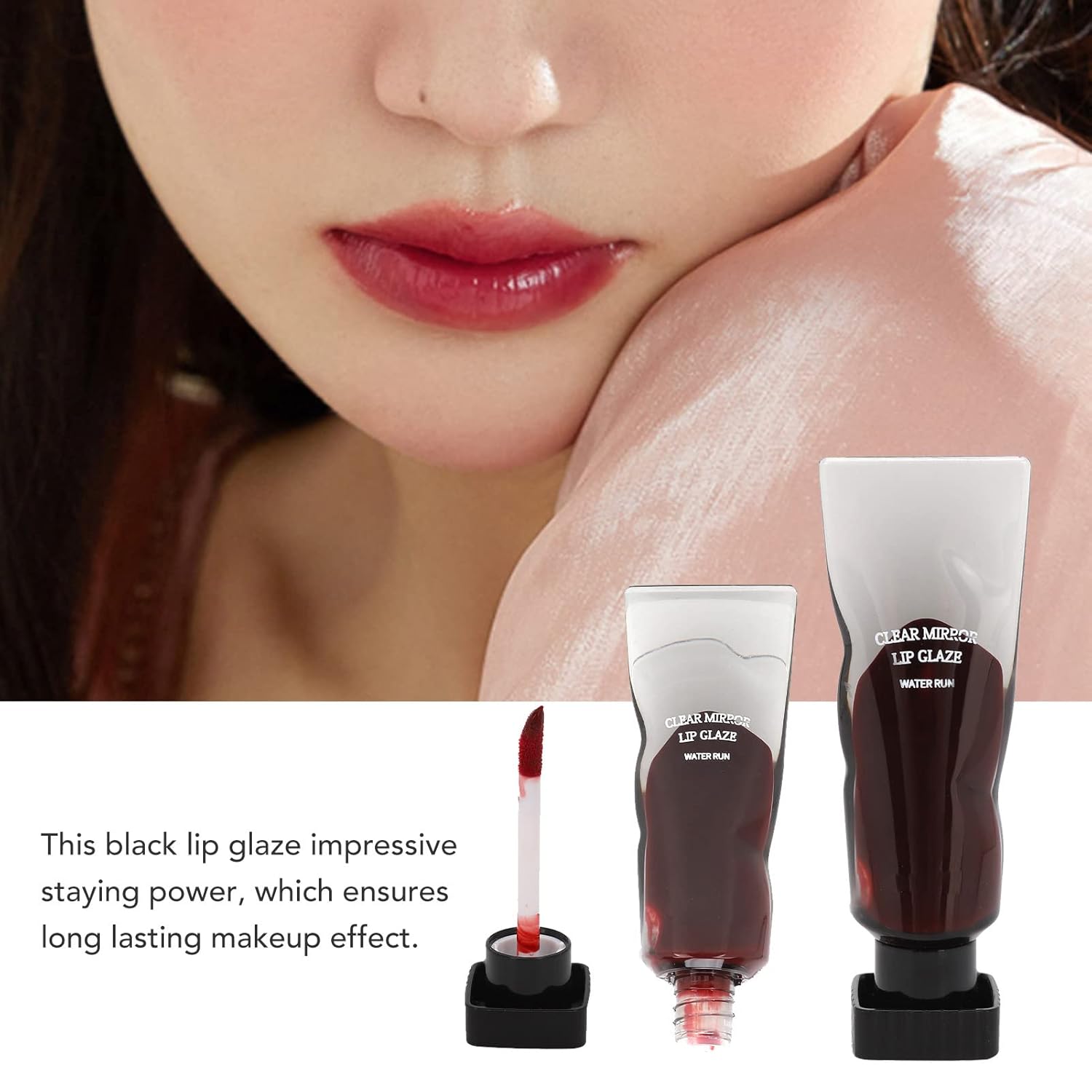 Yinhing Brillo de labios de espejo transparente, esmalte de labios negro en capas, espejo transparente de larga duración, estilo elegante, brillo de