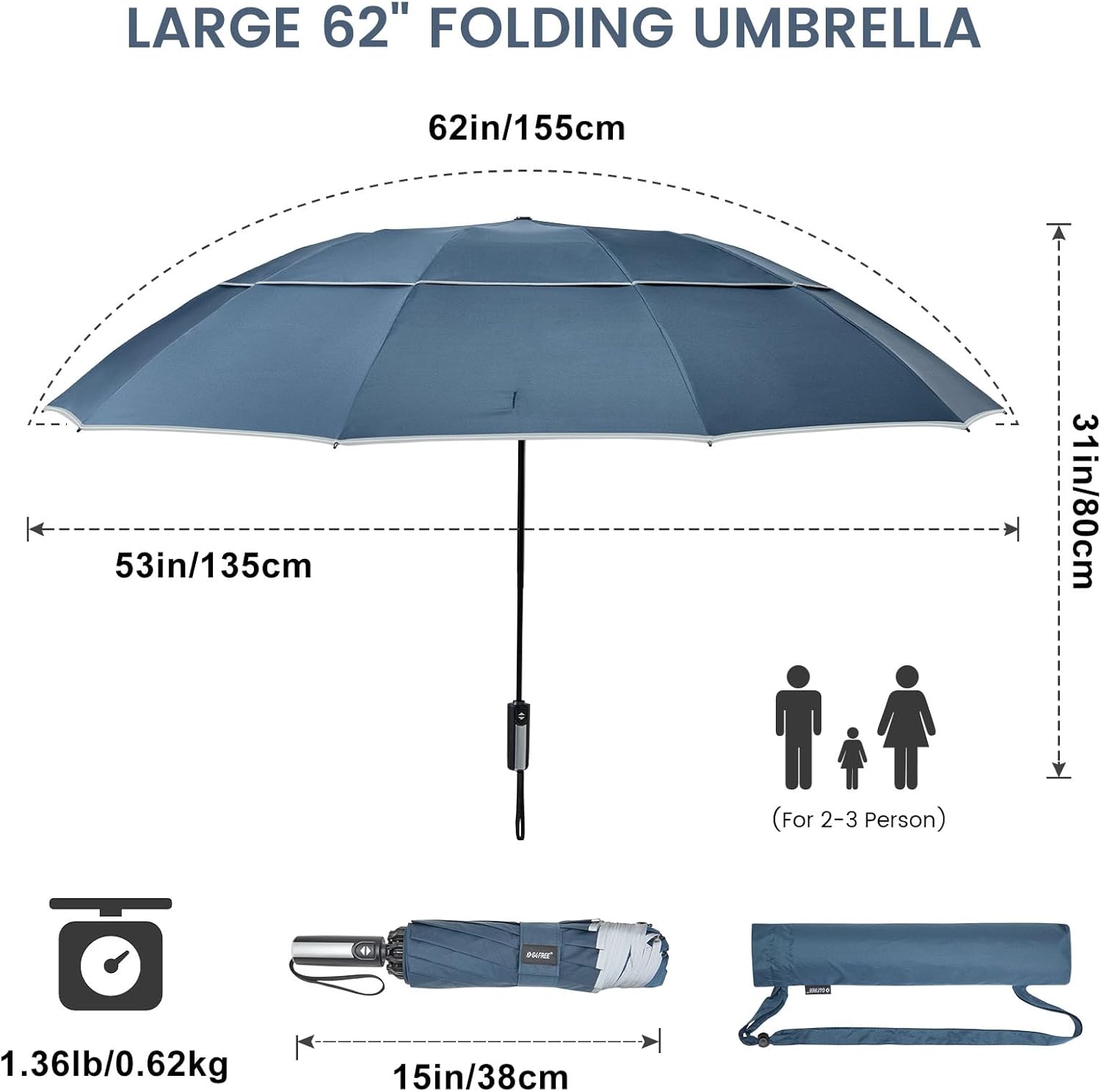 G4Free Paraguas invertido resistente al viento de 62 pulgadas con rayas reflectantes, paraguas grande y compacto de golf para lluvia, 10 varillas,