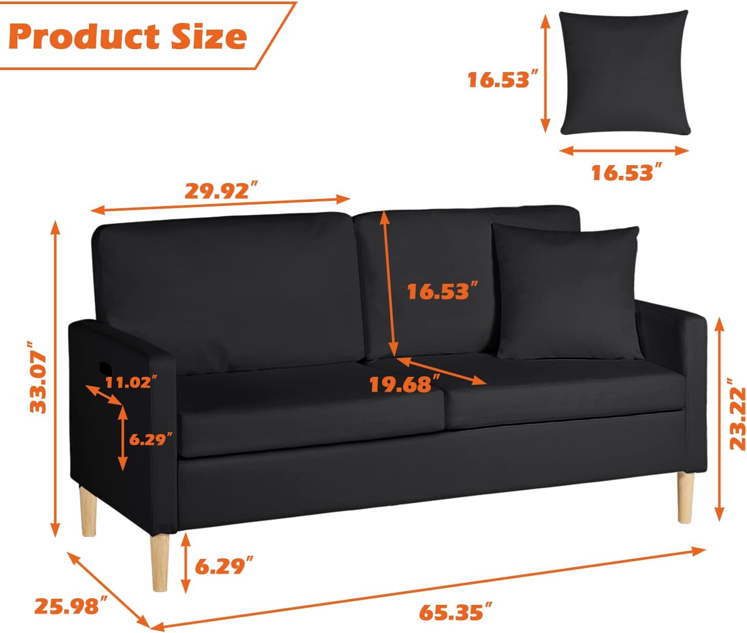 AILEEKISS Sofá biplaza de 66 pulgadas de ancho con 2 asientos USB de mediados de siglo, muebles de piel sintética, tapizado, sofá biplaza para sala