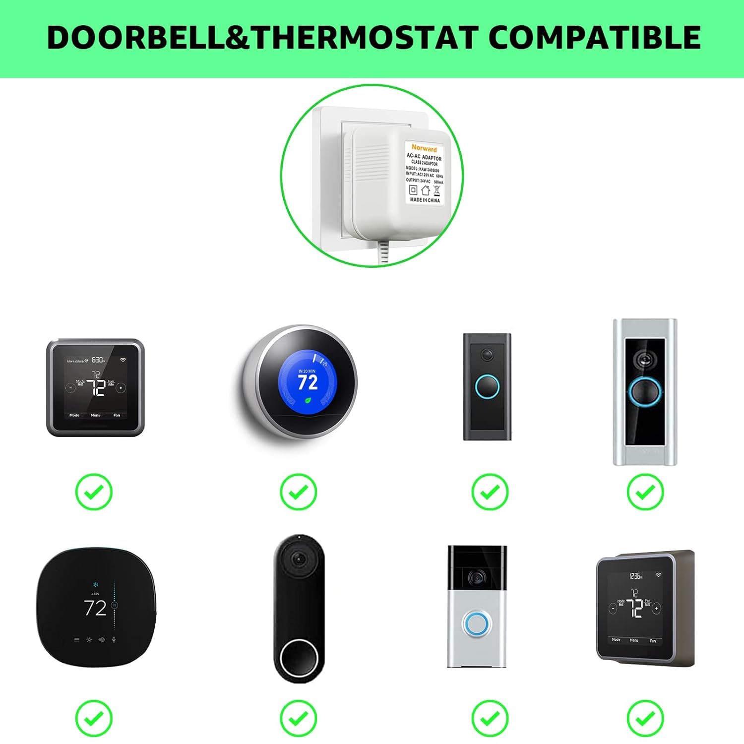 Cable de carga de 26 pies para timbre de timbre, Ring Video Doorbell Pro y Ring Video Doorbell 2 Adaptador de corriente 24V500mA Transformador