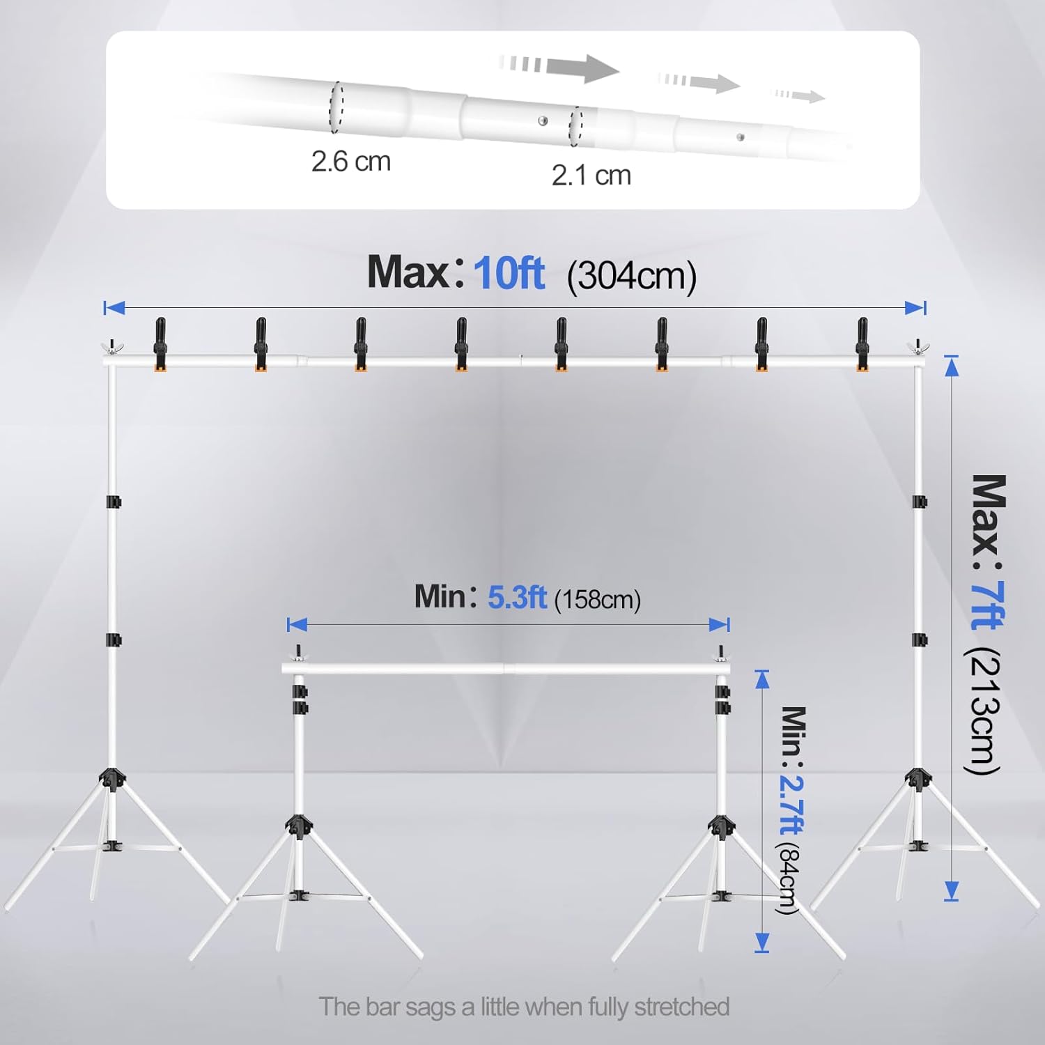 EMART Soporte de fondo ajustable de 10 x 7 pies (ancho x alto) para estudio fotográfico con 2 barras transversales, 8 abrazaderas de telón de fondo,