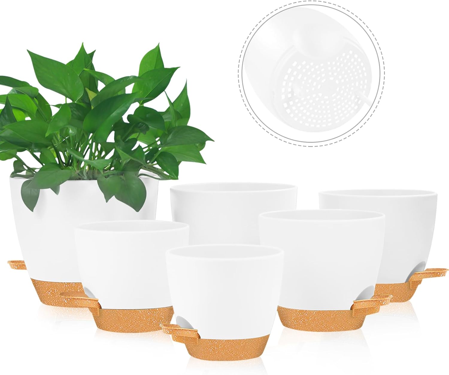 Macetas para plantas, 6 macetas de riego automático de 876.565.55 pulgadas con agujeros de drenaje y depósito profundo para plantas de interior y