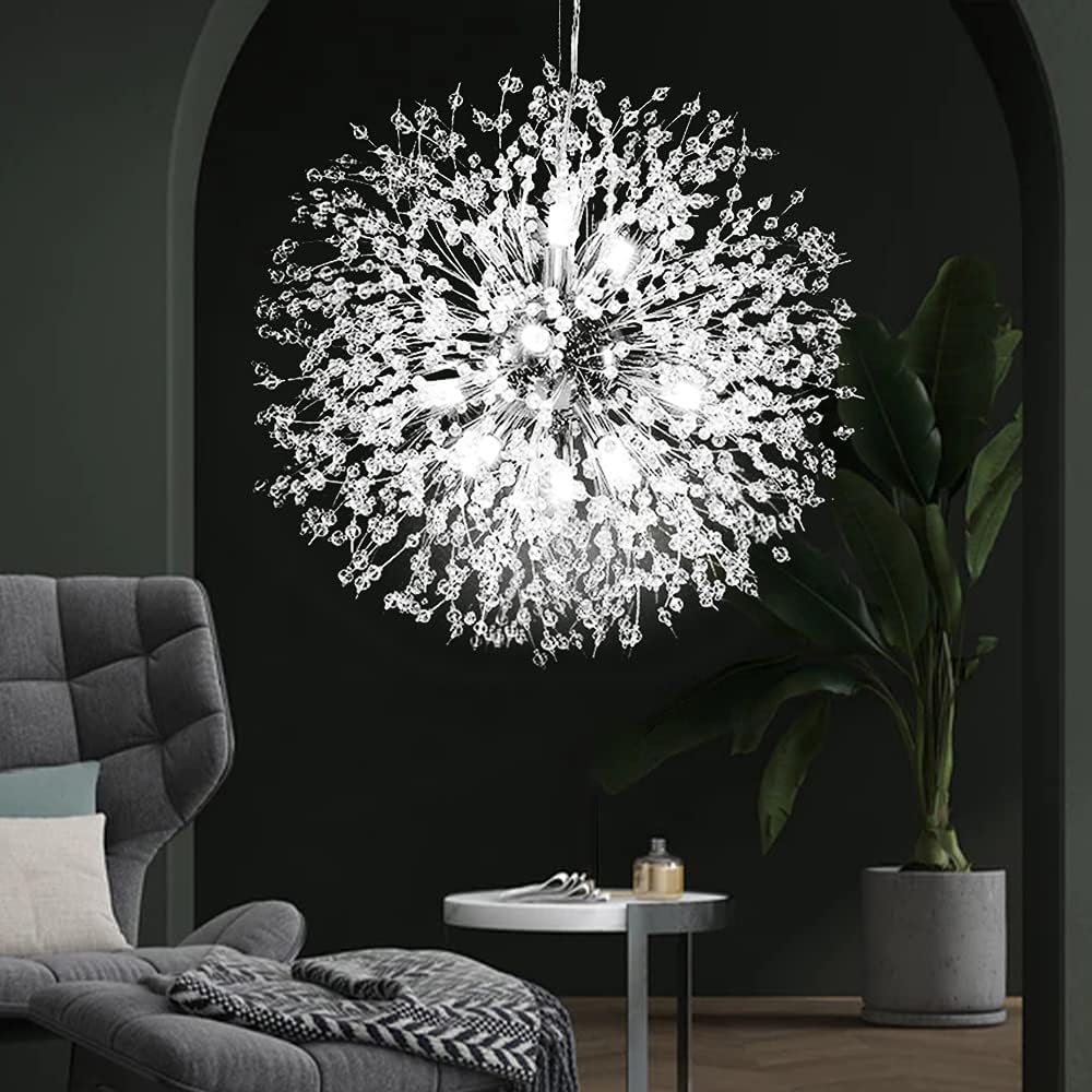 Candelabro cromado de cristal, fuegos artificiales, moderno, Sputnik, diente de león, lámpara colgante de techo para comedor, sala de estar,