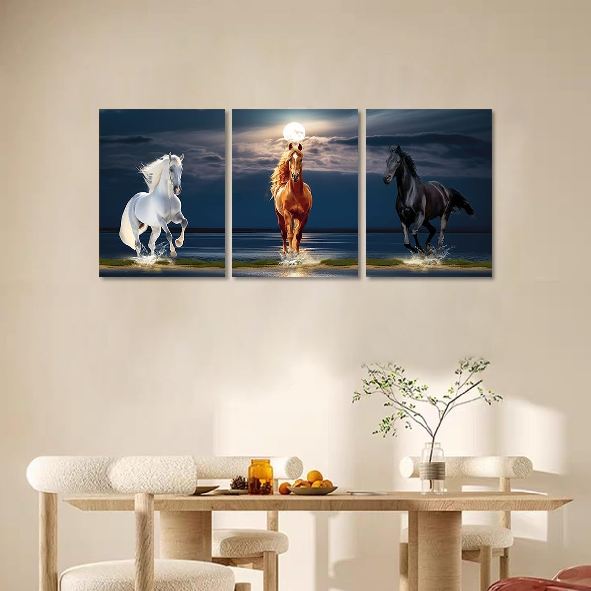 Kyiyhzp Arte de pared azul con caballo corriendo en el pastizal junto al mar, arte de pared de animales coloridos para el hogar moderno, dormitorio,