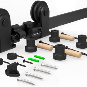 BONIKLUBA Kit de herrajes para puerta corrediza de granero de alta resistencia de 5.5 pies, montaje superior, juego de colgador de rodillo en forma BONIKLUBA Kit de herrajes para puerta corrediza de granero de alta resistencia de 5.5 pies, montaje superior, juego de colgador de rodillo en forma