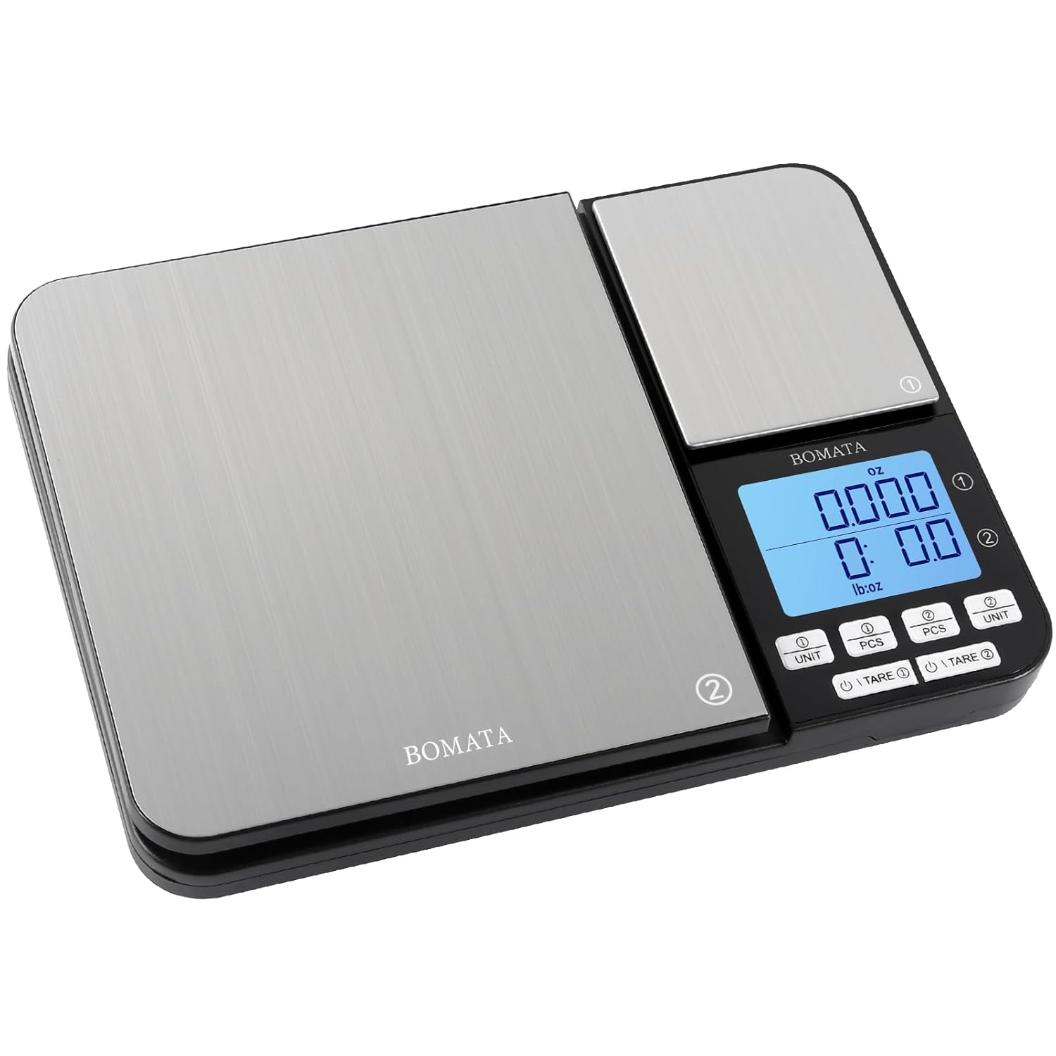BOMATA Báscula digital de cocina de doble plataforma con dos precisiones de 0.00 oz y 0.01 g0.001 oz, capacidad máxima 11 lb5 kg, función de tara,
