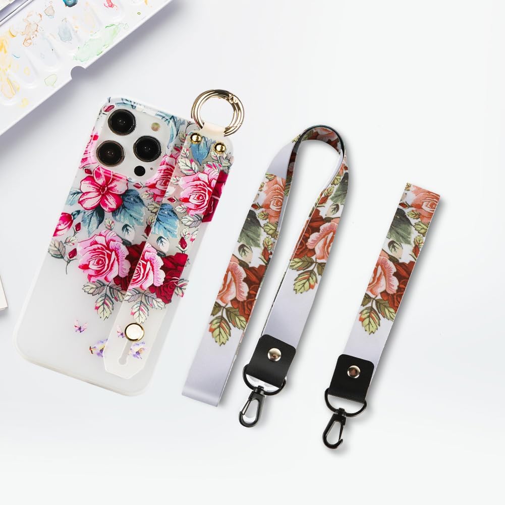 KANGHAR Funda para iPhone 14 Pro Max con estampado floral para mujeres y niñas, funda de silicona TPU suave con correa de muñeca para iPhone 14 Pro