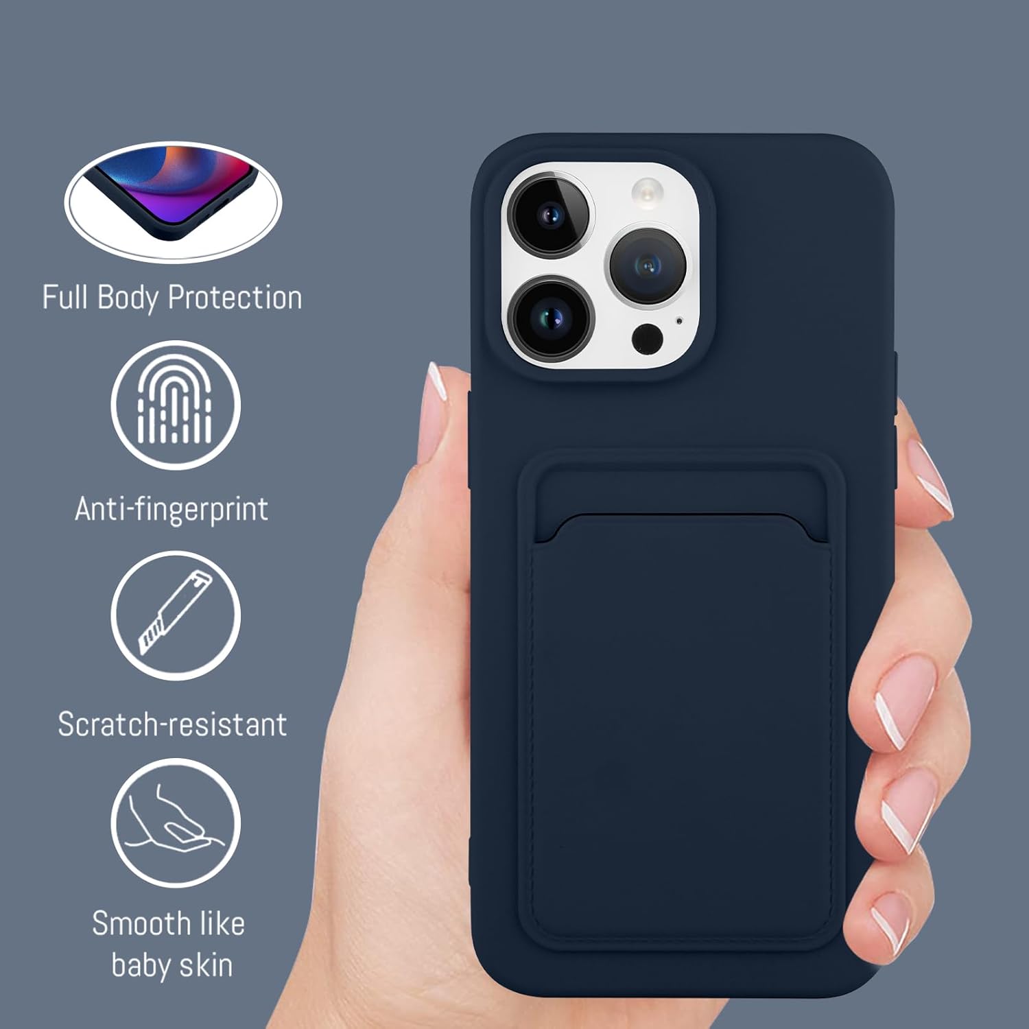 MZELQ Funda de silicona compatible con iPhone 15 Pro Max, funda protectora para cámara con tarjetero + protector de pantalla, funda con ranura para