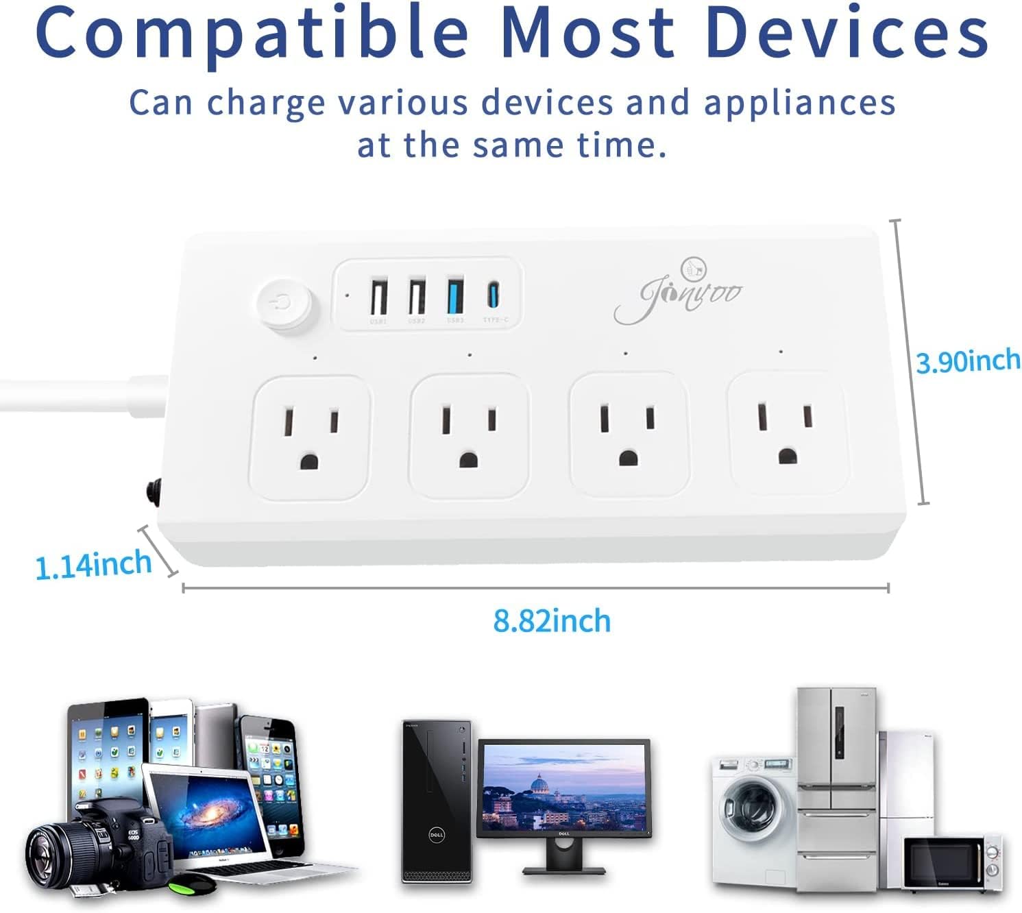 Regleta de protección contra sobretensiones, 4 salidas de CA, 1 USB C 1 tipo C 2 USB 40 W 1250J con puerto de entrega PD de 5 pies de largo, cable