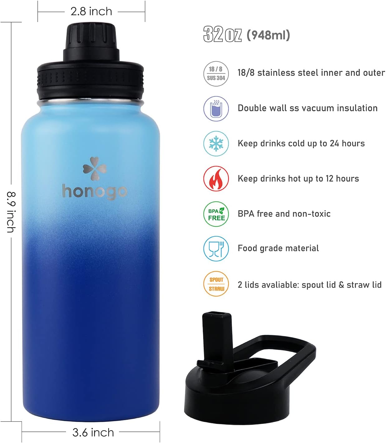 Botella de agua deportiva de 32 onzas con recubrimiento en polvo de doble pared aislada al vacío, termo de boca ancha de acero inoxidable 188 con