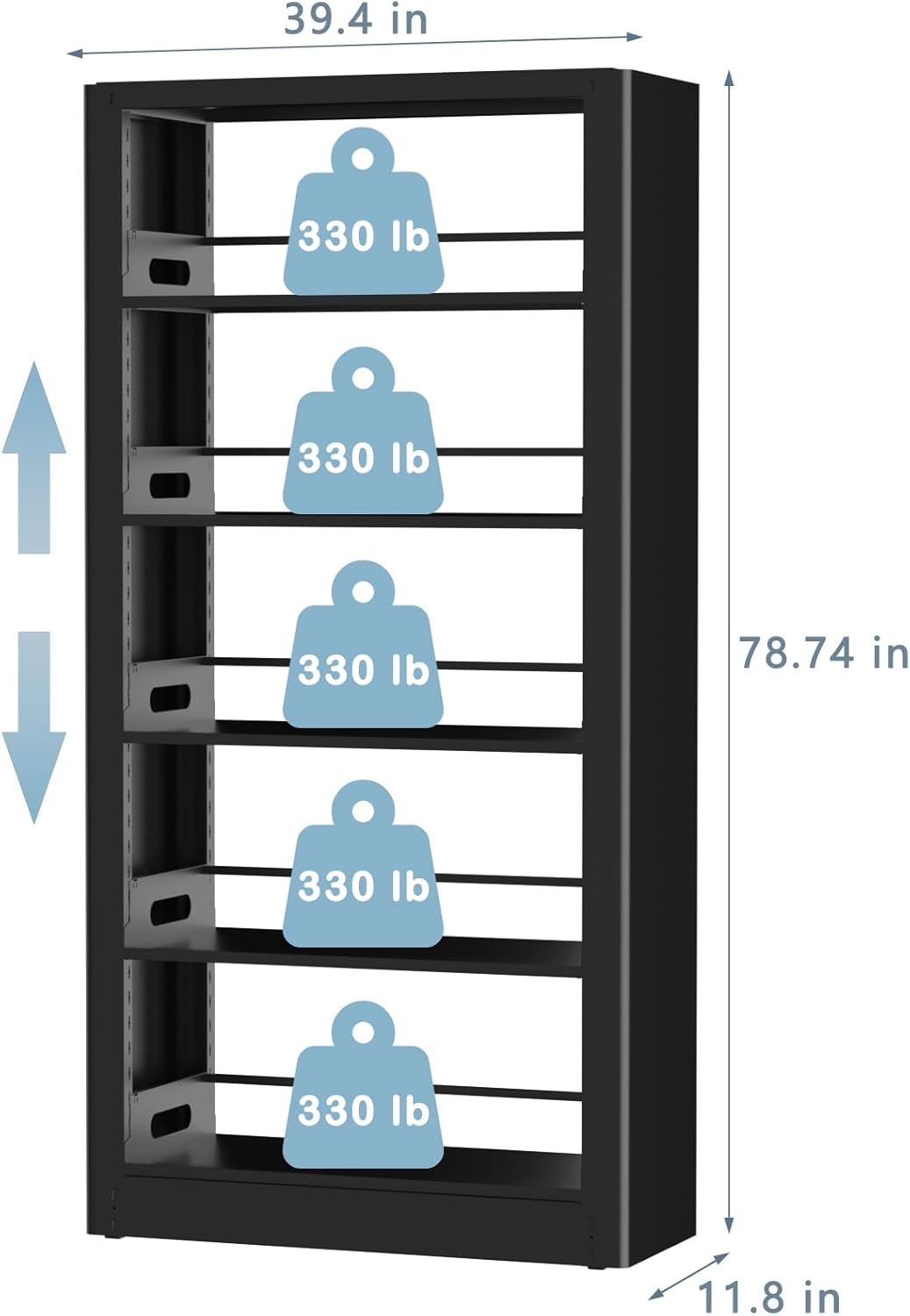 Estantería de 78.7 pulgadas de alto, estante ajustable con 5 estantes, estantes abiertos de acero resistente para almacenamiento de libros para