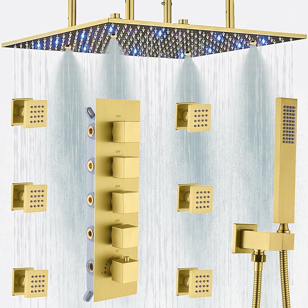 AYIVG Sistema de ducha termostático de oro cepillado LED de 16 pulgadas de masaje de lluvia con 6 piezas de spray corporal de latón juego de grifo