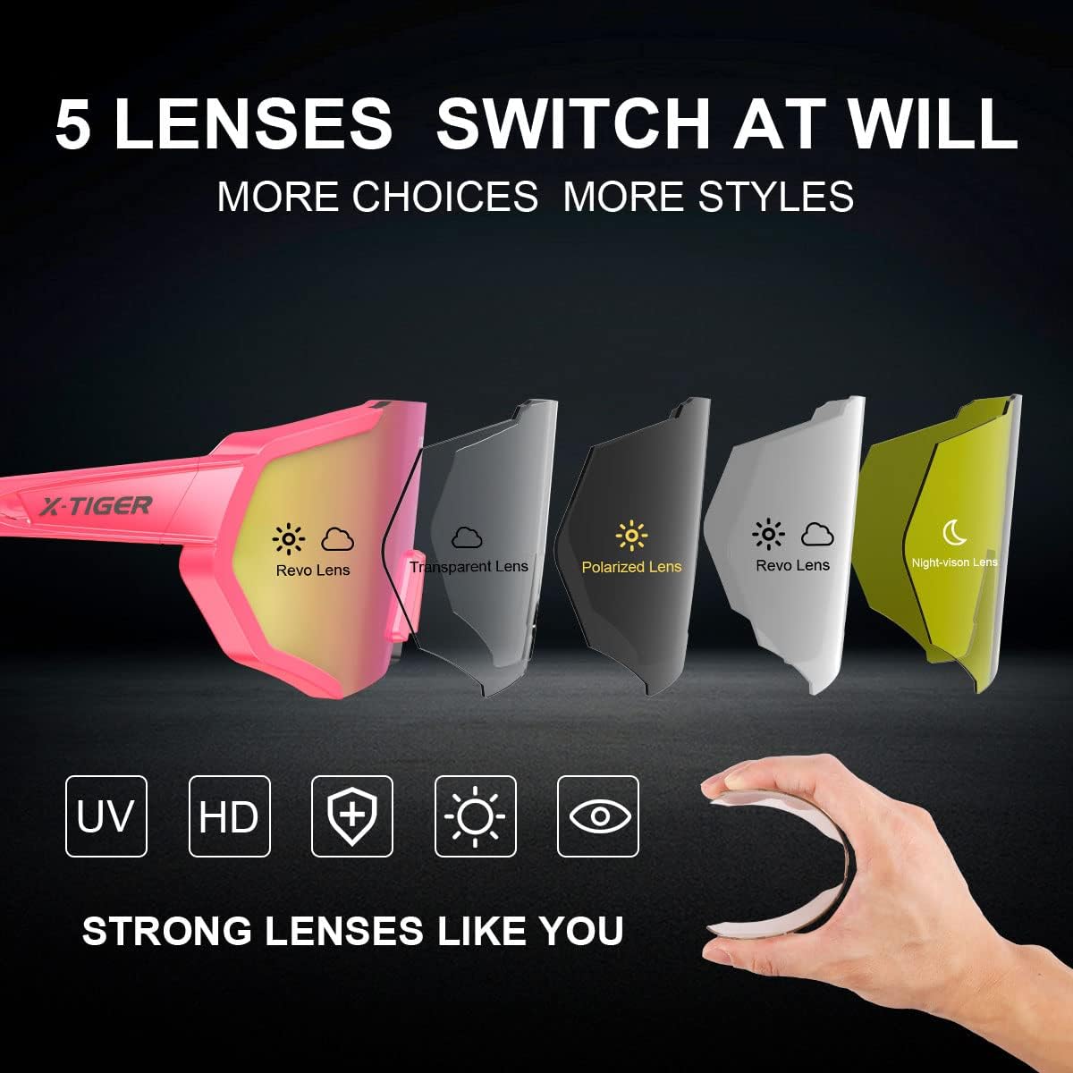 X-TIGER Gafas de sol deportivas polarizadas con 5 lentes intercambiables, lentes de ciclismo para hombre y mujer, béisbol, correr, pesca