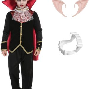Disfraz de vampiro para niños con dientes y orejas realistas, capa gótica, traje real para Halloween Disfraz de vampiro para niños con dientes y orejas realistas, capa gótica, traje real para Halloween