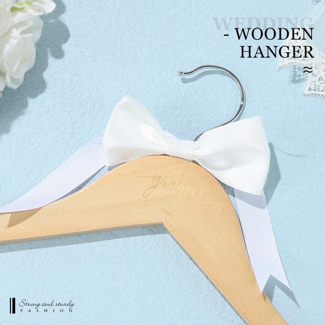Yean Colgador de boda con nudo de lazo para vestido de novia, color madera natural, colgador de traje grabado para mujer