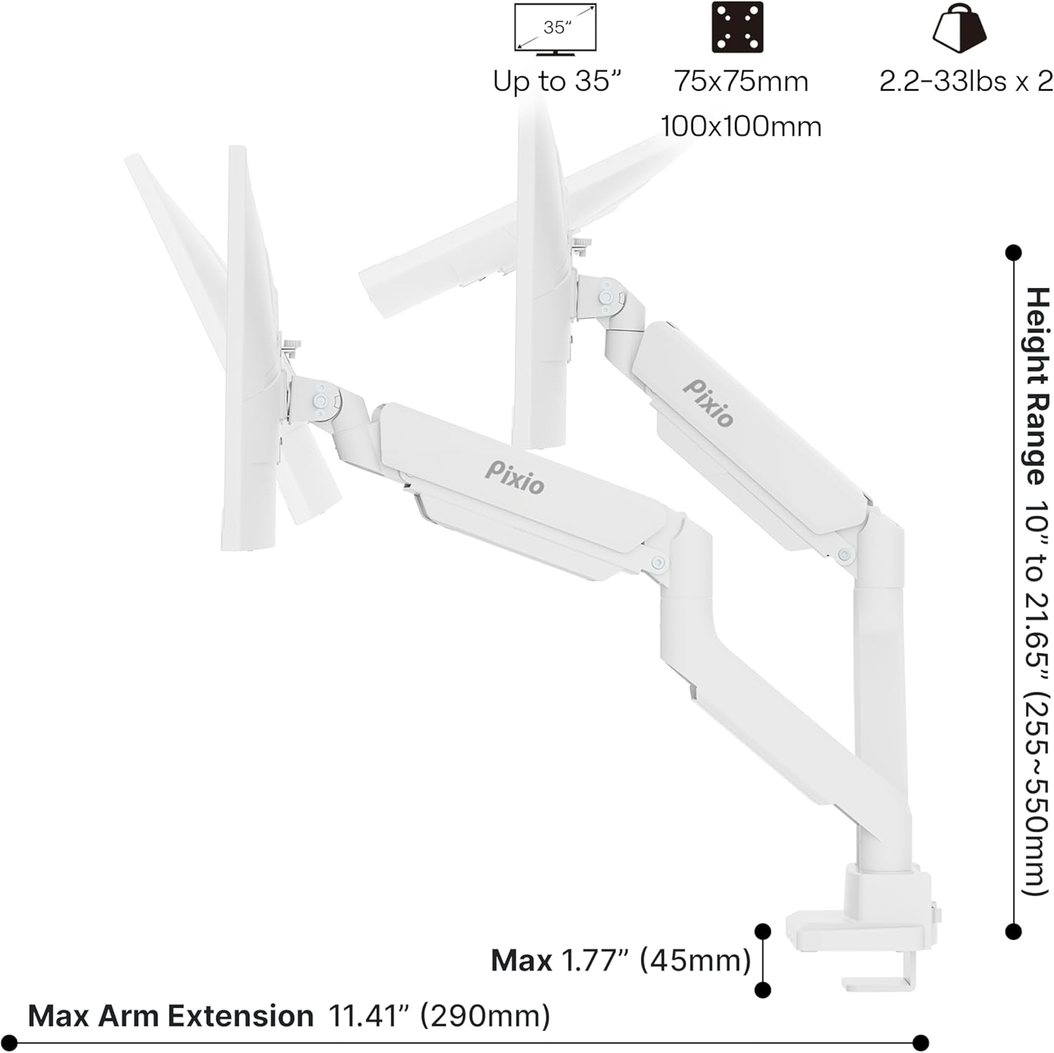 Pixio PS2D – Soporte de escritorio con brazo para monitor doble, color blanco, ultraancho, de alta calidad, se adapta a dos monitores de hasta 35