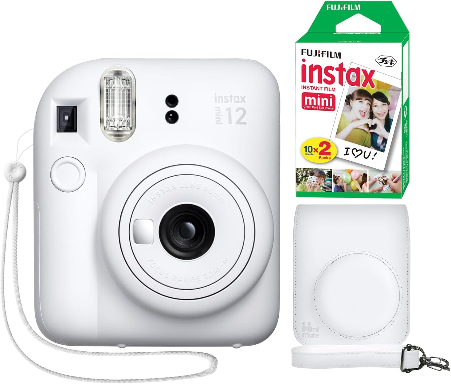 Fujifilm Instax Mini 12 – Cámara instantánea color blanco arcilla + funda personalizada mínima + película Fuji Instax de 20 hojas, paquete doble