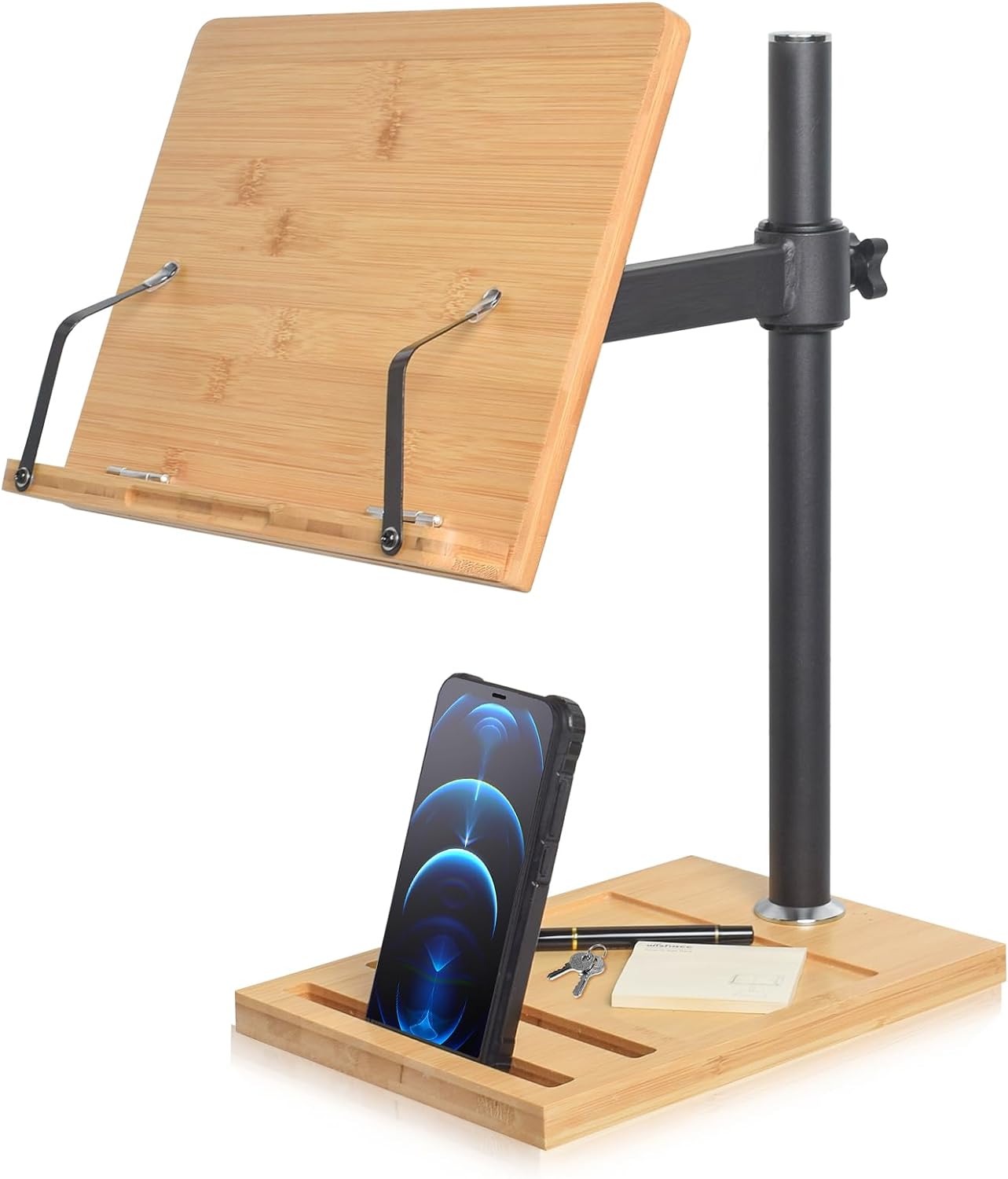 wishacc – Soporte ajustable para libros, con ranura para teléfono y clips para página, plegable para libros de cocina, partituras, laptop, receta,
